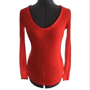 NWT Zara Semi Sheer micro rib shirt orange round neck  Long sleeve fitted top